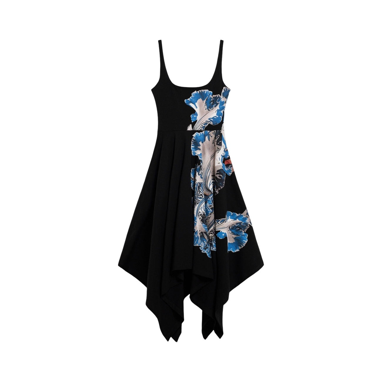 Abito Desigual x Lacroix; Nero/Fiori. 95% Cotone, 5% Lycra. Scollo quadrato, spalline, orlo asimmetrico. Maxi stampa floreale laterale, fit regular, collezione Primavera/Estate 2026. Vista stesa
