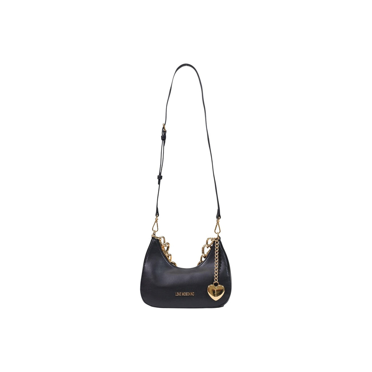 Borsa Love Moschino donna nera a spalla modello JC4161PP. Borsetta media nera in vinile lucido o semilucido con manico a catenella oro, ciondolo cuore metallico e zip stile elegante, casual chic e da sera.