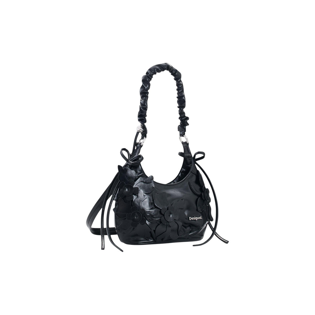 Borsa Desigual donna nera modello BAG_NEXUS BIRA. Borsa a mano piccola in ecopelle nera con fiori 3D applicati in rilievo, manico a braccio arricciato, fiocchi laterali e tracolla rimovibile, borsa elegante e casual stile bon ton per la collezione autunno inverno.