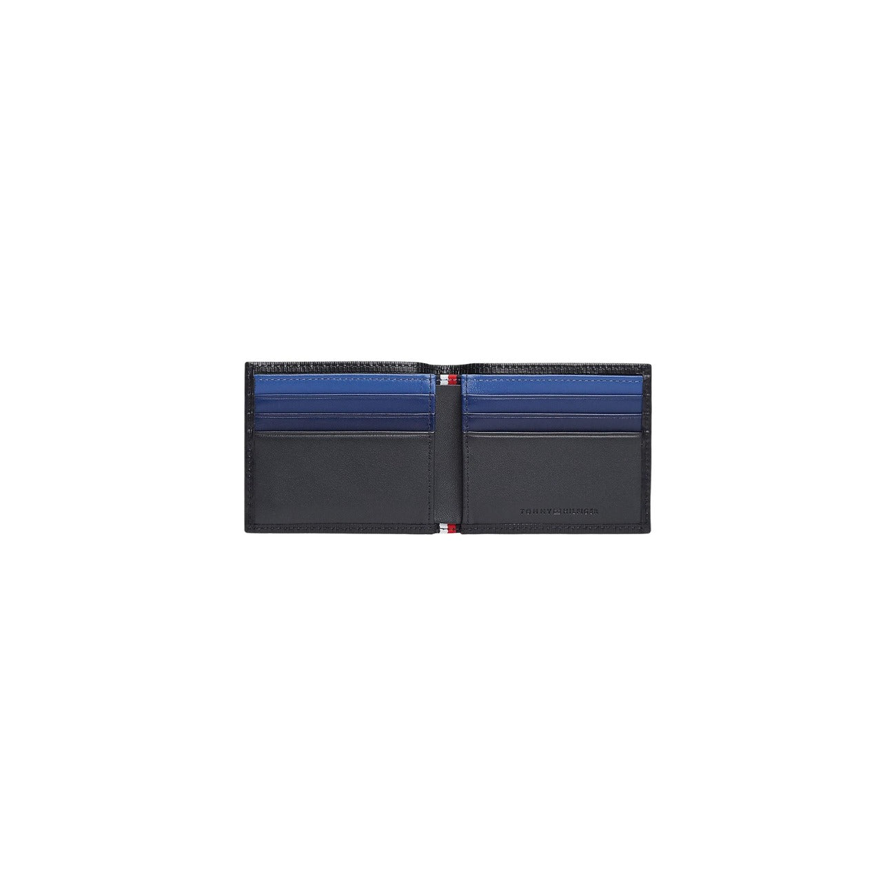 Portafoglio uomo Tommy Hilfiger; 100% Vera Pelle Blu. Modello mini porta carte, texture rigata, logo Flag. Design sottile (1 cm), stile casual-chic 4 stagioni. Vista aperta