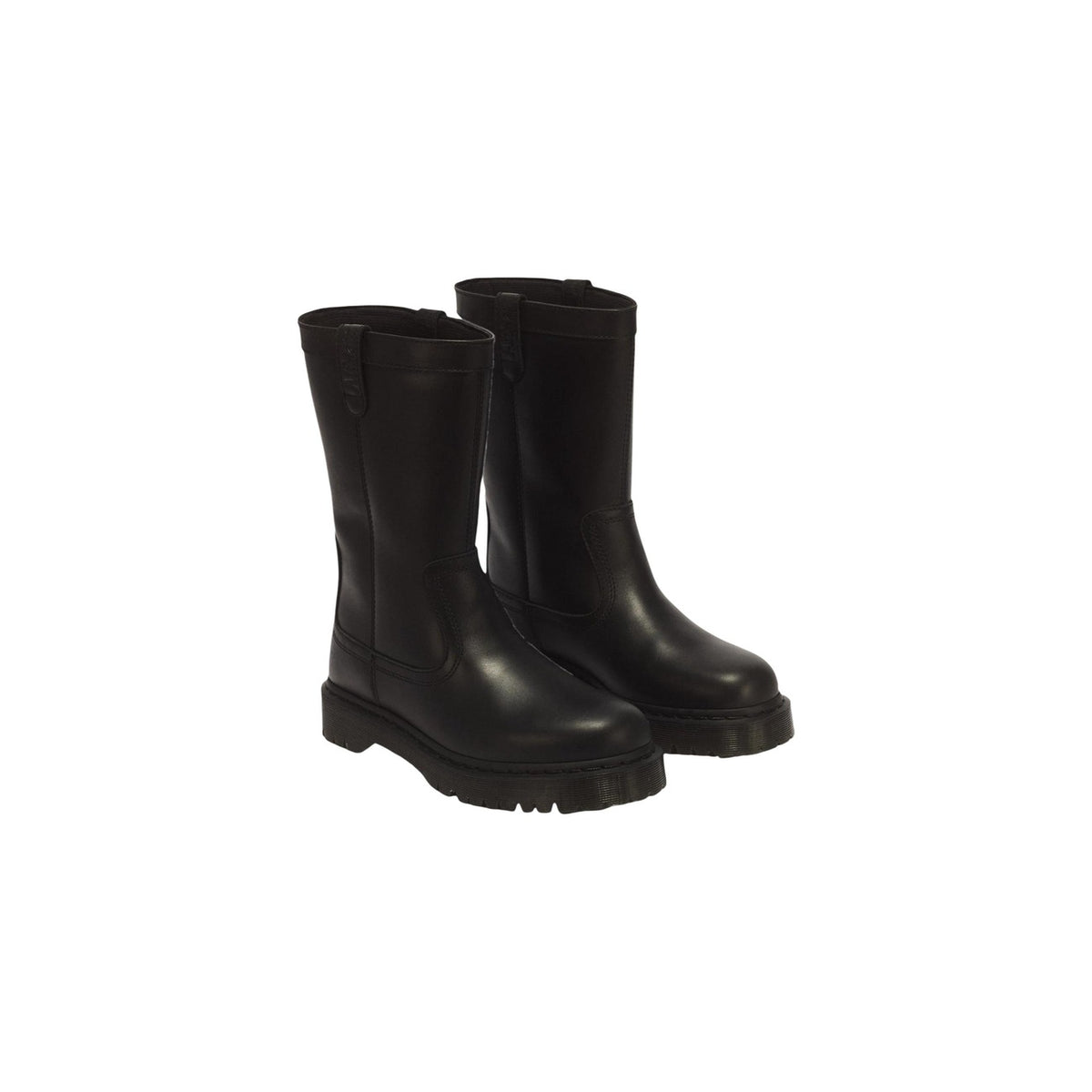 Stivali neri donna Dr Martens Anistone Pull On Wanama 43165001. Stivaletti biker calzata rapida in pelle nera satinata con fibbie decorative, tacco largo 4 cm, tiranti logati e cucitura gialla.