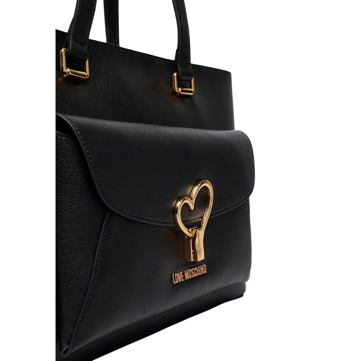 Borsa Love Moschino donna nera grande spalla modello JC4136PP1. Shopping bag shopper nera in ecopelle con tasca anteriore a patta, logo e placca a cuore in metallo dorato lucido, borsa giorno capiente per ufficio e università con chiusura a zip.