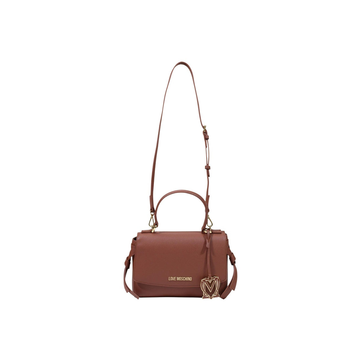 Borsa Love Moschino donna marrone a mano modello JC4061PP. Borsetta media rigida effetto pelle marrone cuoio con tracolla, patta e charm dorato pendente stile elegante, casual chic e da giorno.