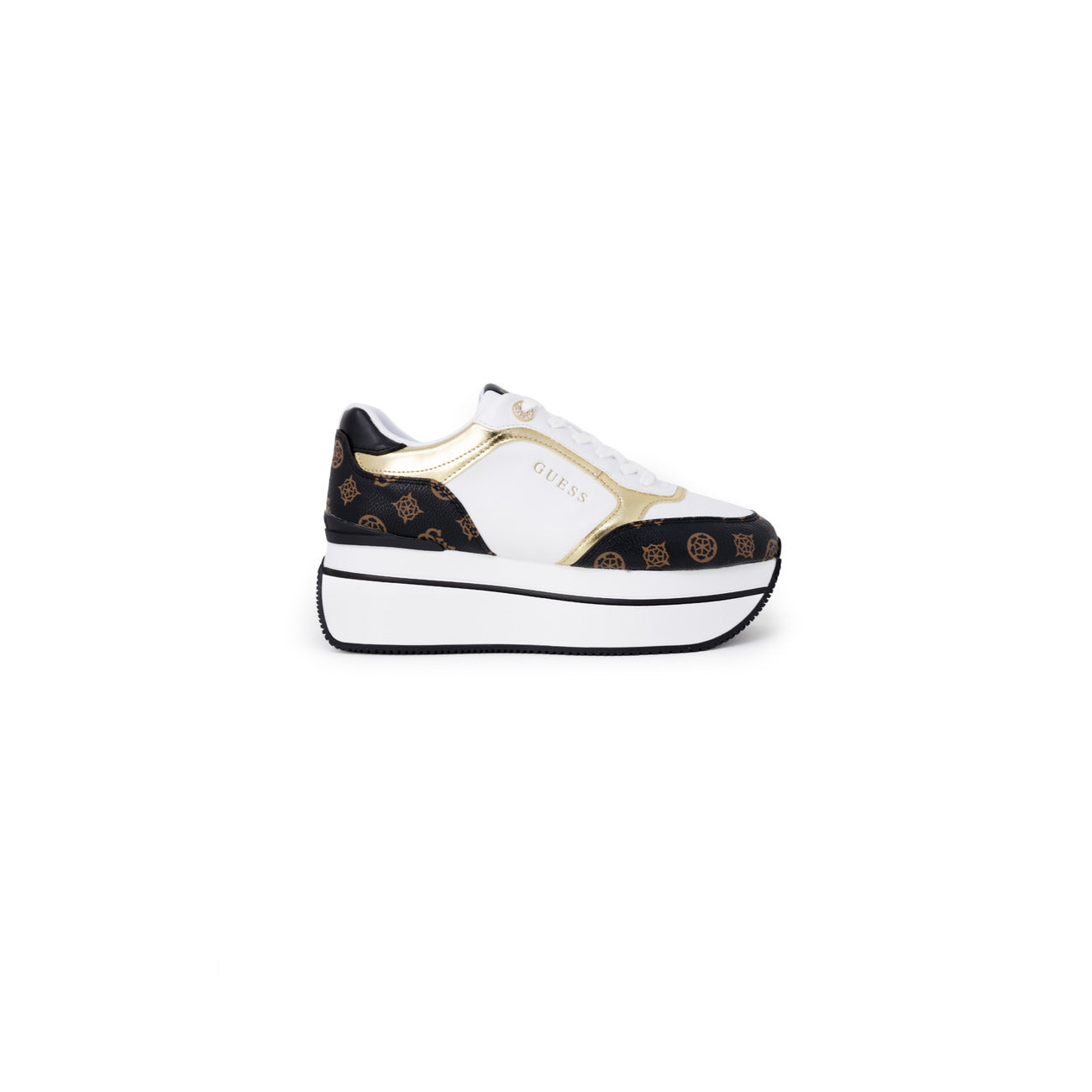 Guess Sneakers bianco e marrone Camrio Platform; scarpe in poliuretano con suola alta 7 cm, chiusura con stringhe e interni in cotone. Silhouette moderna ideale per outfit street-chic.