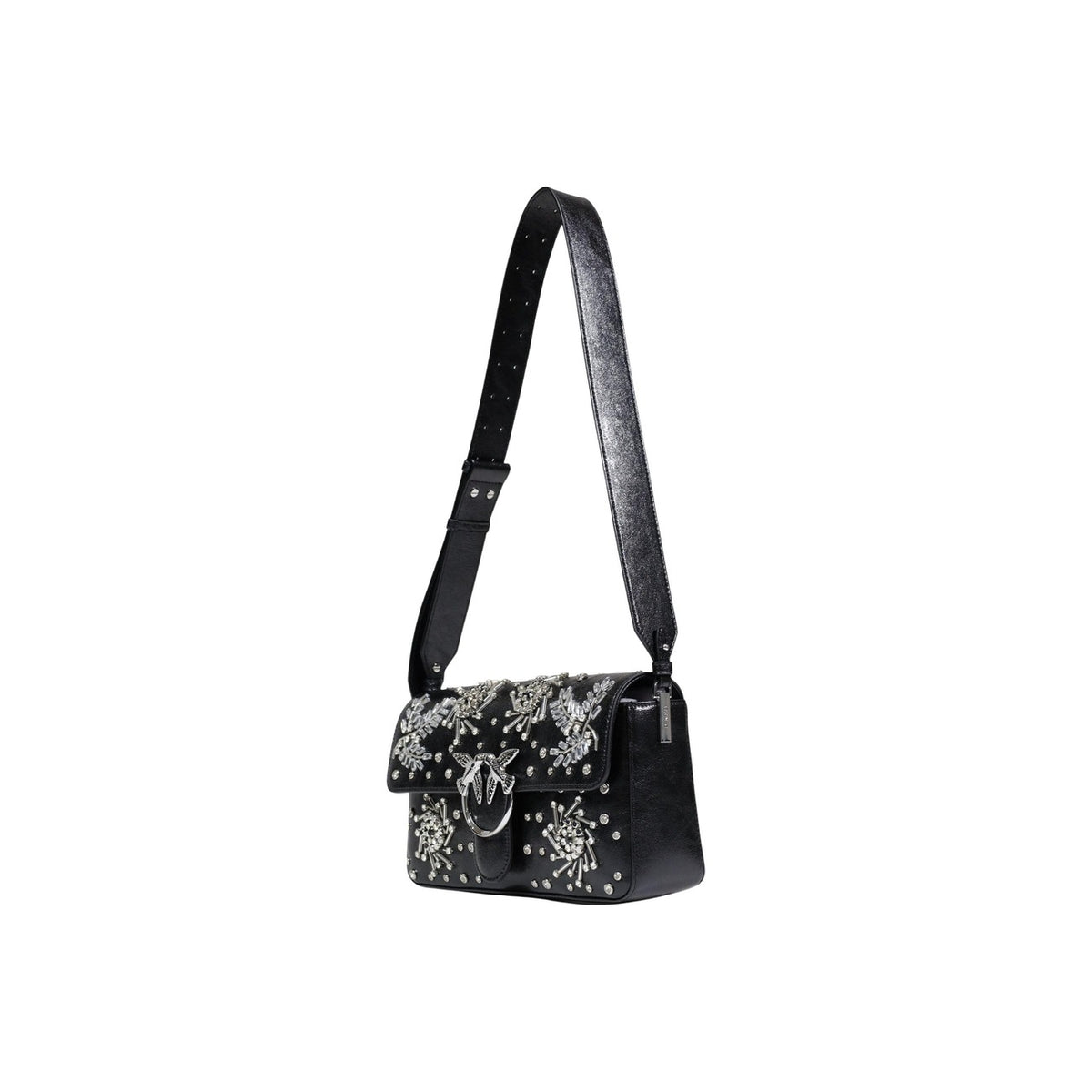 borsa nera media da donna Pinko LOVE SLOUCHY CLASSIC MEZZO BAC 106182 A37O. Realizzata con una composizione di 50% poliammide e 50% poliuretano. dettagli gioiello e applicazioni scintillanti. Vista frontale Laterale