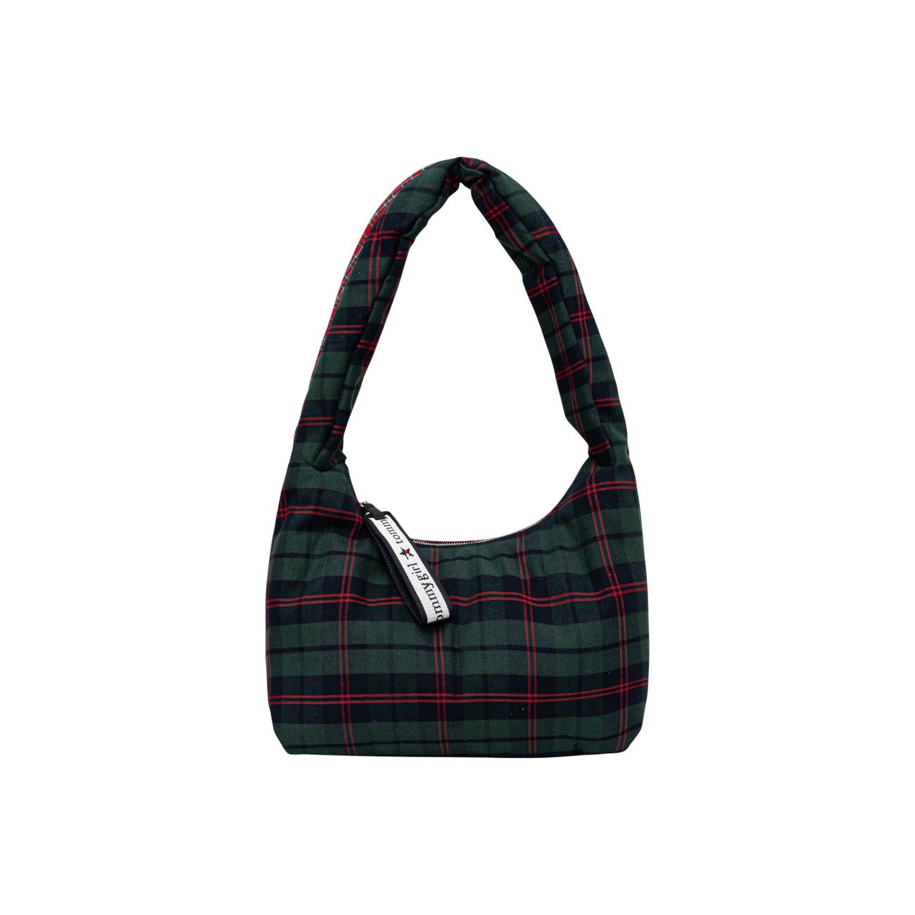 Borsa Hobo Tommy Girl; 100% Cotone Twill. Fantasia a quadri bicolore, chiusura zip con charm logo, capienza 11,5L. Accessorio iconico anni '90 per la stagione PE26. Vista posteriore