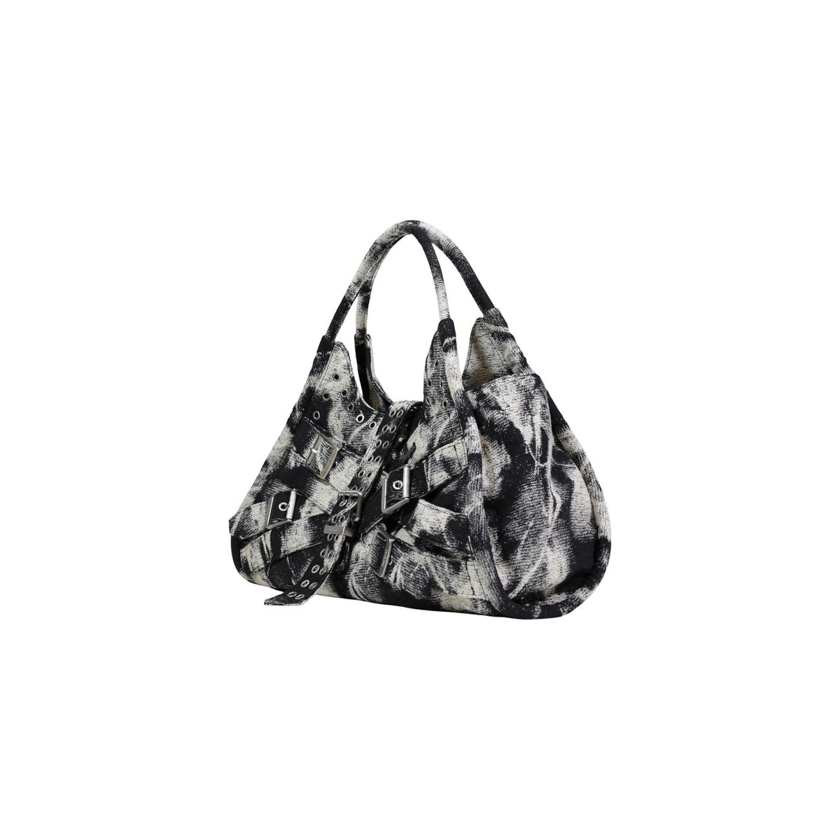 Borsa grande in tessuto di cotone con stampa grafica in scala di grigi. Singolo manico regolabile con chiusura a fibbia e design con occhielli metallici sulla parte superiore. Vista frontale laterale