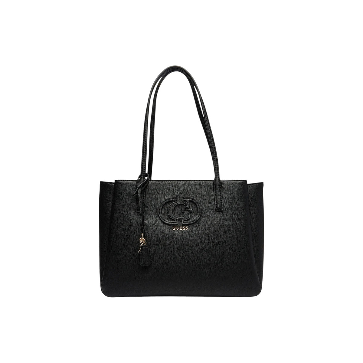 Borsa Shopper Grande Donna Guess Isola; Nero. 100% Ecopelle strutturata, chiusura con zip, doppi manici a spalla, tasca sul retro e charm oro. Silhouette svasata e capiente (40x28 cm), stile elegante-casual. Frontale