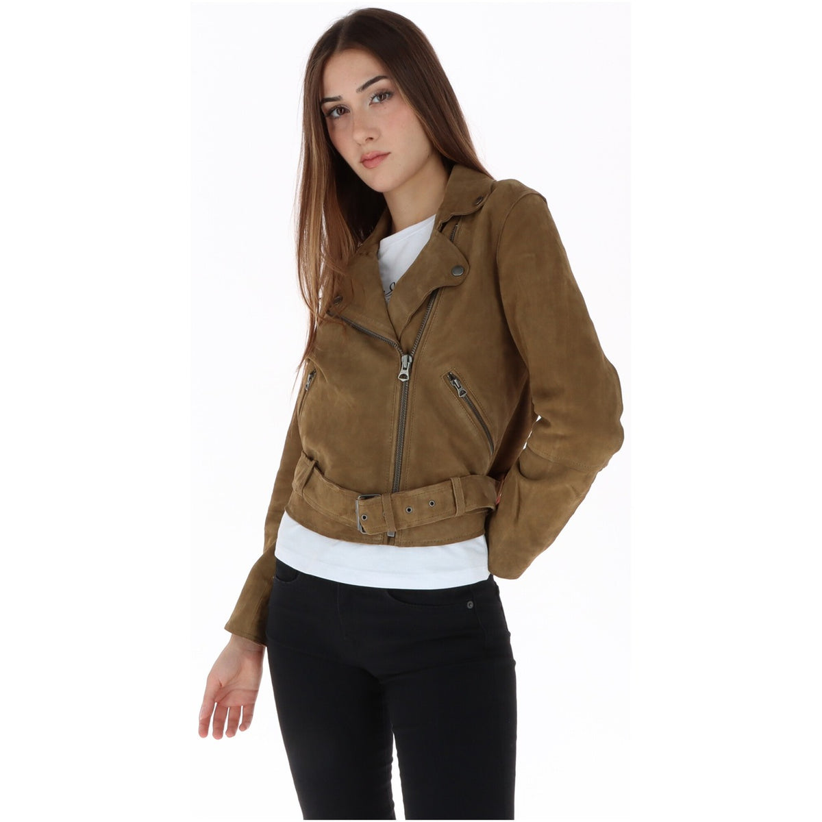 Giacca biker camoscio donna Pepe Jeans – Chiodo in pelle scamosciata marrone PL4024531.
