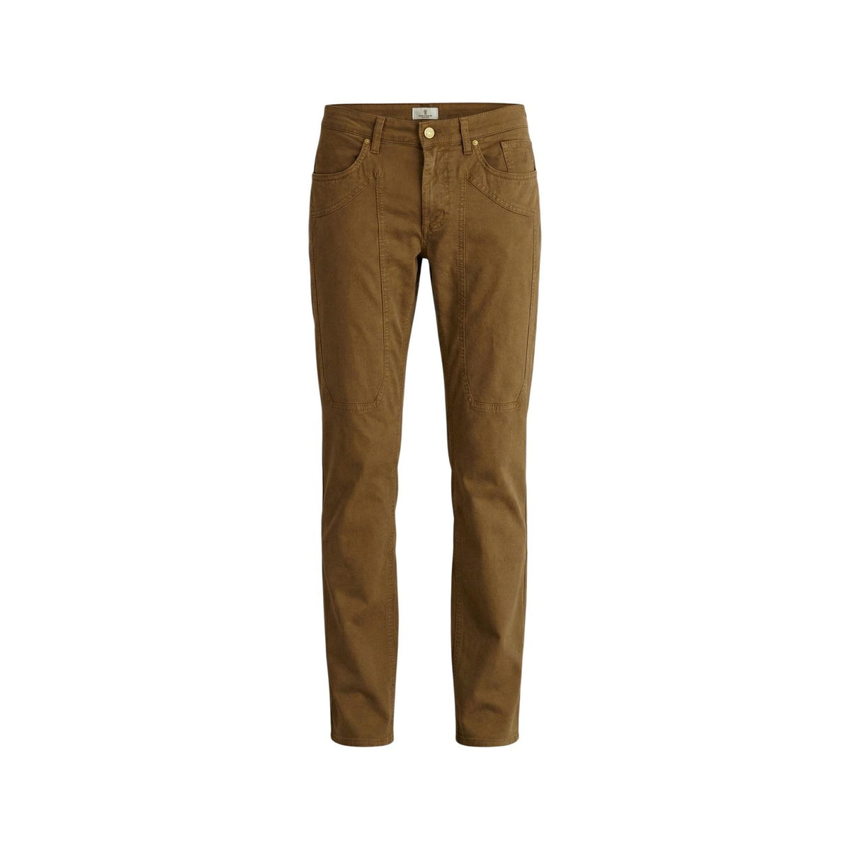 Jeckerson John Toppa Jeans; 98% cotone, 2% elastan, vestibilità a sigaretta. Il jeans iconico con toppe frontali e chiusura a zip nascosta. Colore marrone. Vista frontale