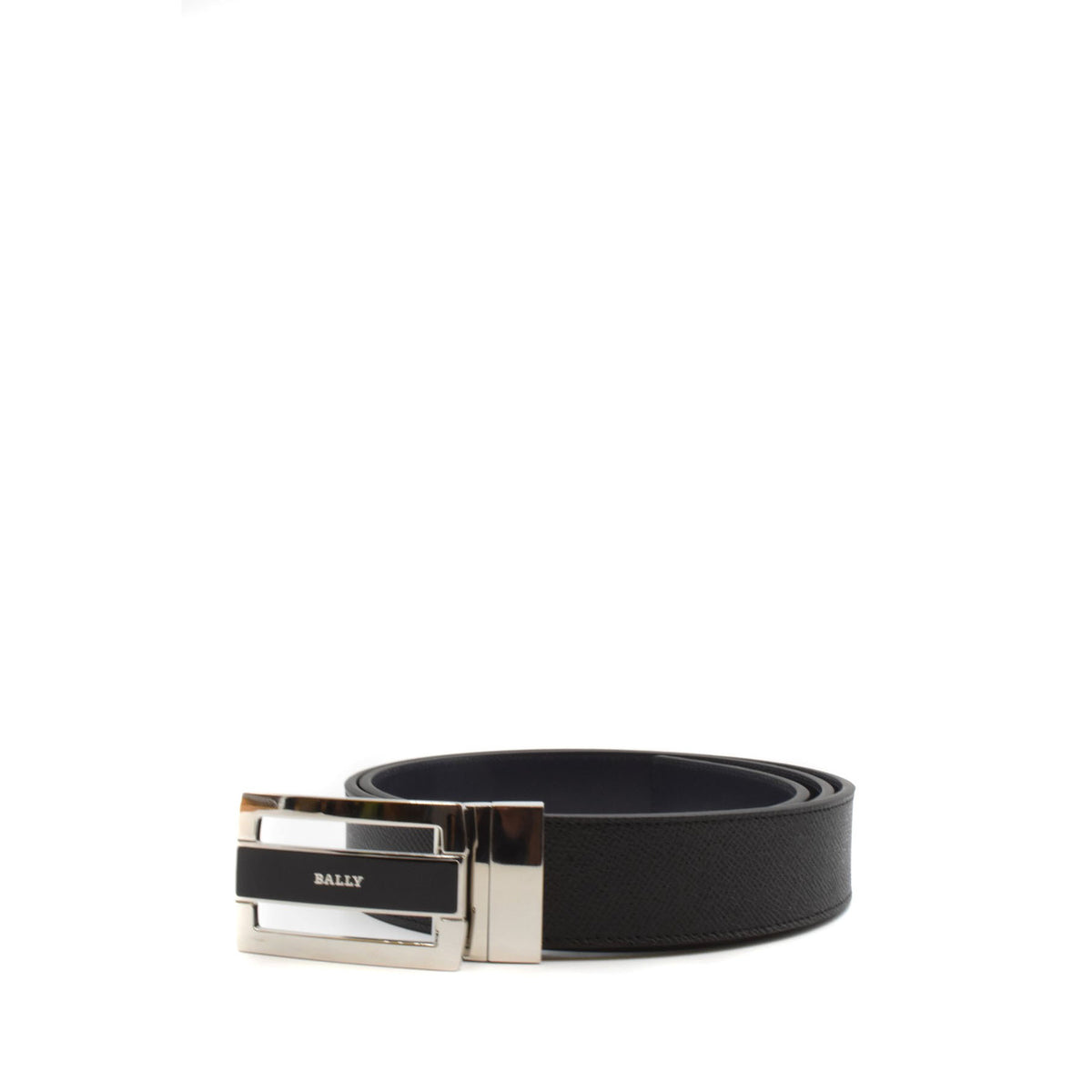 Cintura Uomo Bally Nero 100% Pelle. con una fibbia con logo. vista frontale arrotolata