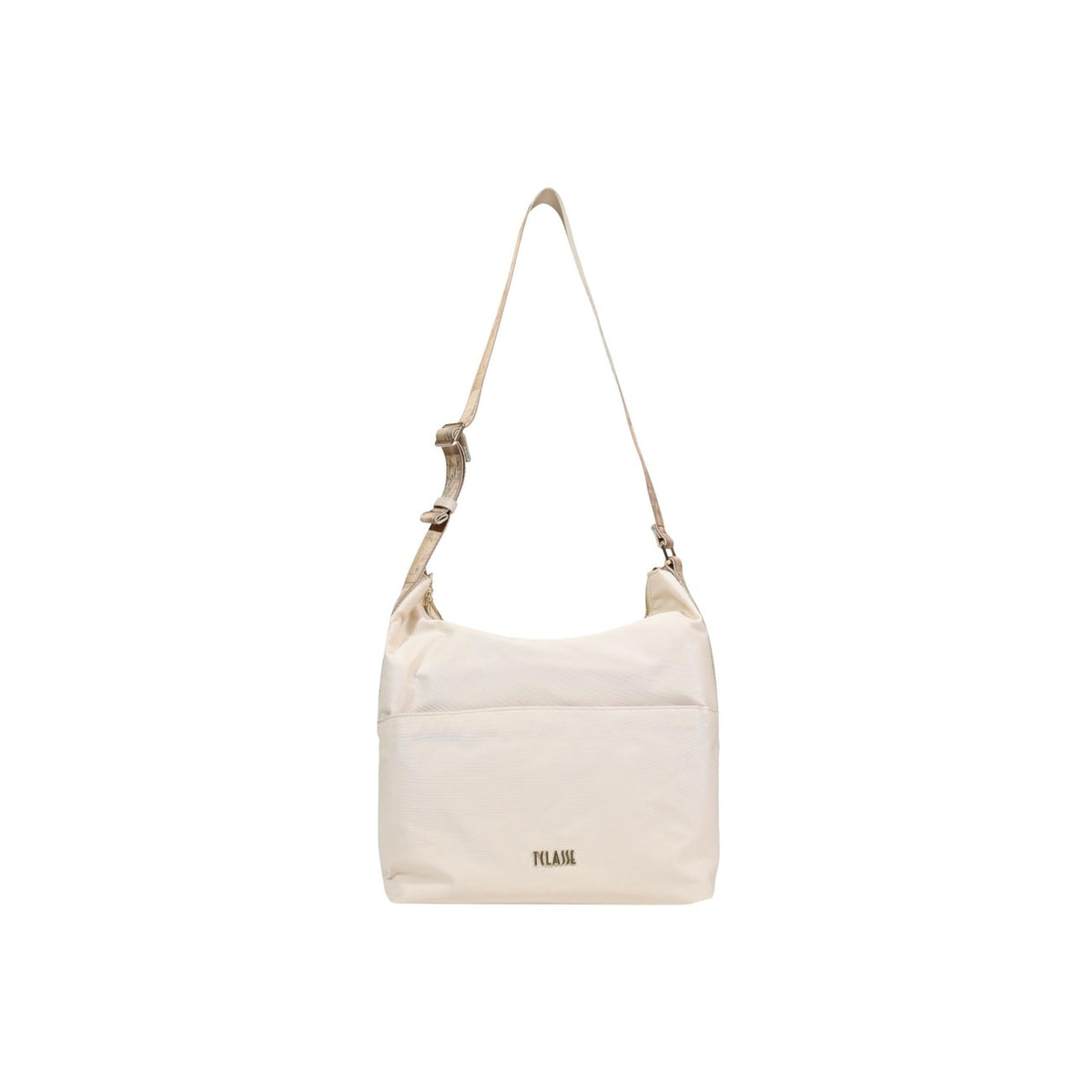 Hobo Bag Alviero Martini LE46; tessuto tecnico nero, tracolla Geo regolabile. Chiusura con zip, logo metallico Prima Classe, formato medio. Struttura morbida, leggera e versatile per ogni occasione. Colore bianco vista frontale