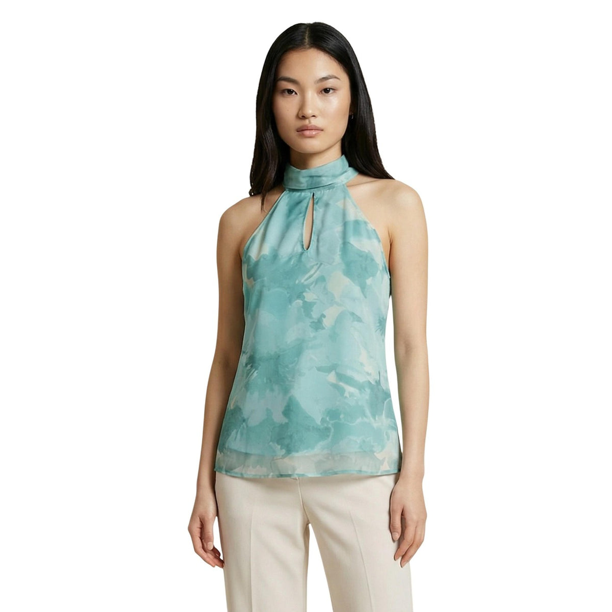 Artigli Top Scollo America; blusa smanicata con fantasia azzurra a goccia e linea fluida. Comfort leggero e stile chic per la primavera-estate. Vista frontale