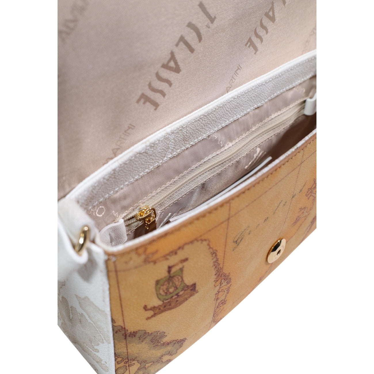 Tracolla Alviero Martini Prima Classe Geo White; 58% PVC, 34% Cotone. Design compatto, chiusura a zip, metalleria dorata. Borsa piccola donna, stile iconico e versatile 4 stagioni. Vista apertura