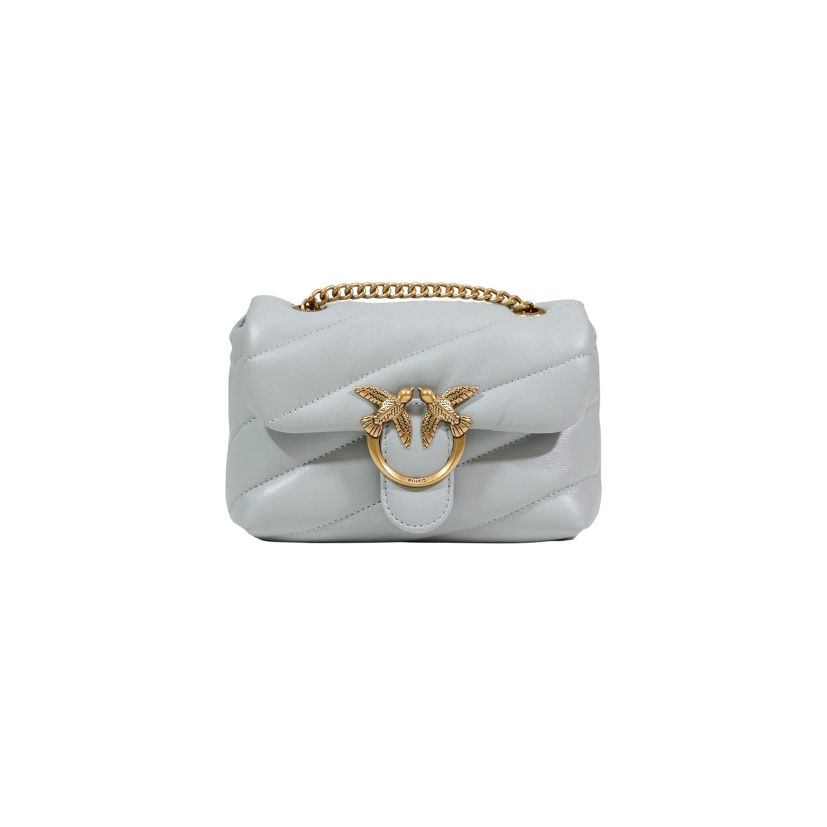 Borsa Pinko Love Puff Mini; 100% Pelle di Pecora. Design trapuntato, chiusura metallica Love Birds dorata, tracolla a catena. Dimensioni mini, interno organizzato. Stile elegante e senza tempo. Colore grigio