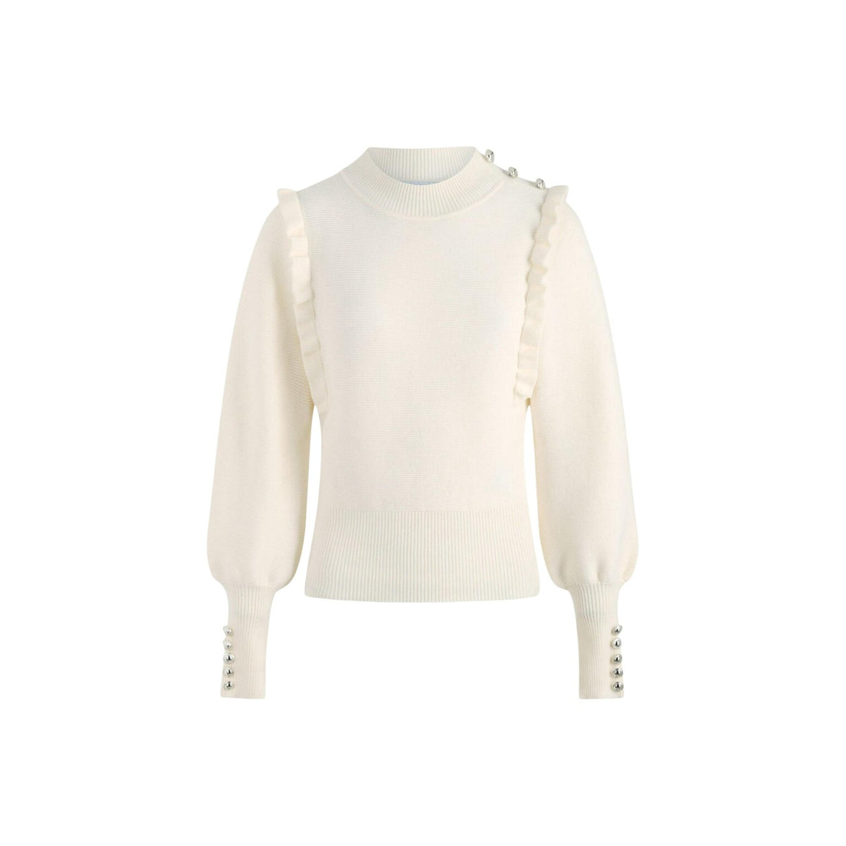Maglione corto donna Morgan De Toi avorio – Pullover collo alto bon ton con volant e bottoni 222-MGENEV.