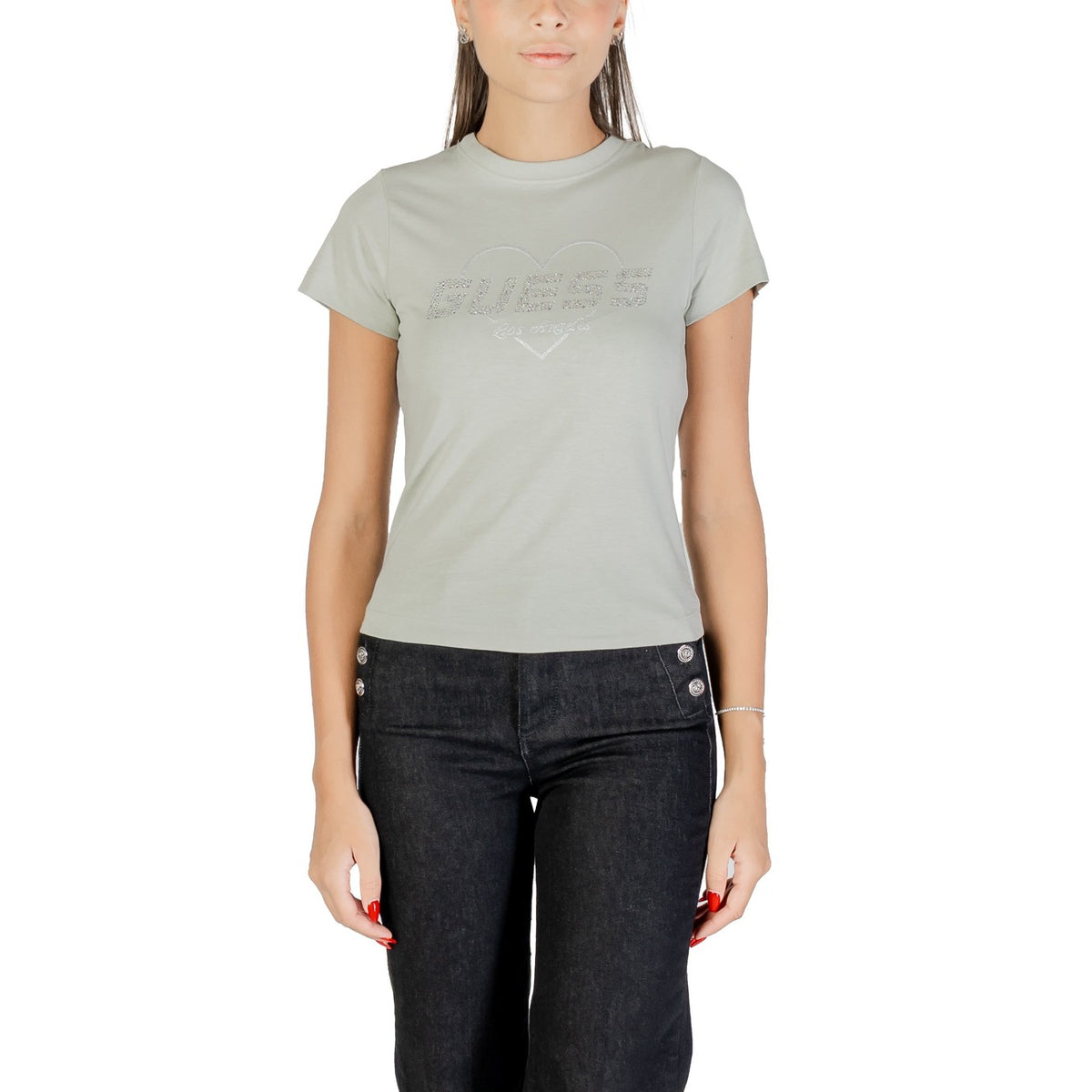 T-shirt Guess Active NARCISO donna verde chiaro con stampa strass maniche corte scollo tondo - vista frontale