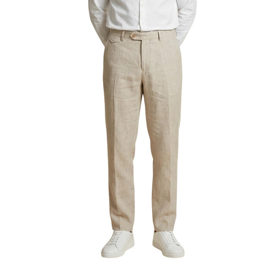 Pantaloni Regular Comfort Gianni Lupo; 100% Puro Lino. Colore Beige, vestibilità rilassata, freschezza naturale superiore. Il classico estivo indispensabile per un guardaroba di classe. Vista frontale