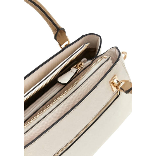 Borsa a Mano Beige Donna Guess Noelle II Satchel; Dimensioni piccole con scomparti multipli, cerniera lampo e texture Saffiano. Doppi manici e metalleria oro, stile casual-elegante. Dettaglio cerniera