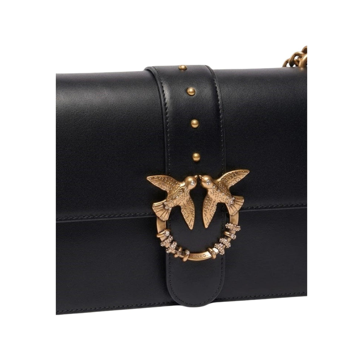 Borsa Pinko Love Bag nera in pelle 107071 A0F1. Borsetta da sera piccola (22x13x7 cm) in pelle seta nera con fibbia gioiello ucelli Love Birds con strass, tracolla a catena rimovibile e scomparti interni con zip.