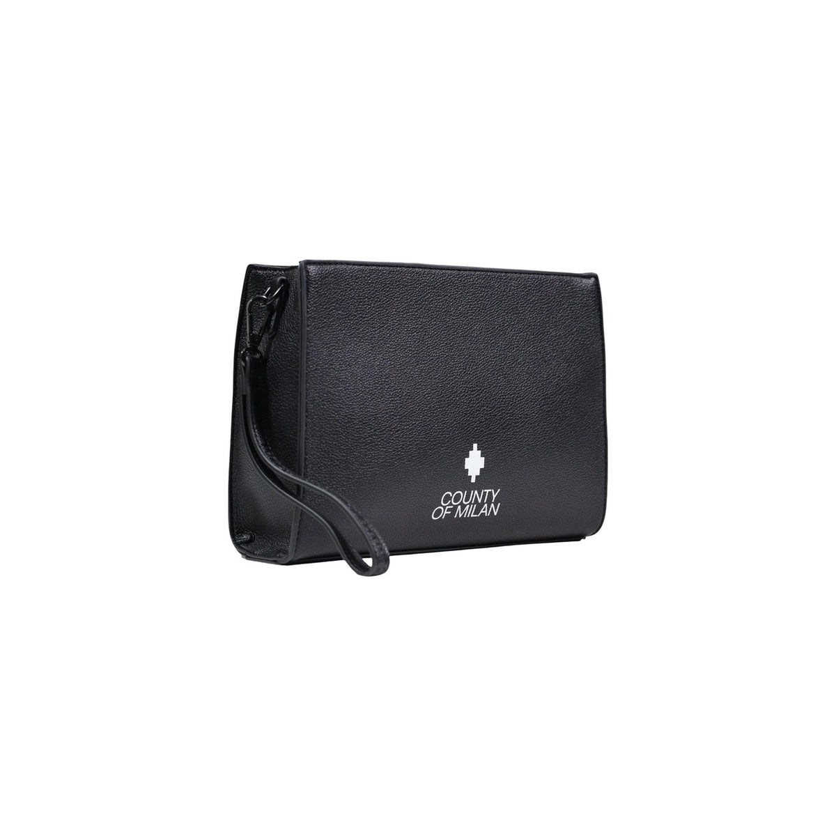 Pochette County of Milan El Coma; 100% ecopelle, struttura rigida, logo frontale. Chiusura zip, cinturino da polso, design minimalista nero. Dimensioni compatte, massima protezione per i tuoi oggetti.