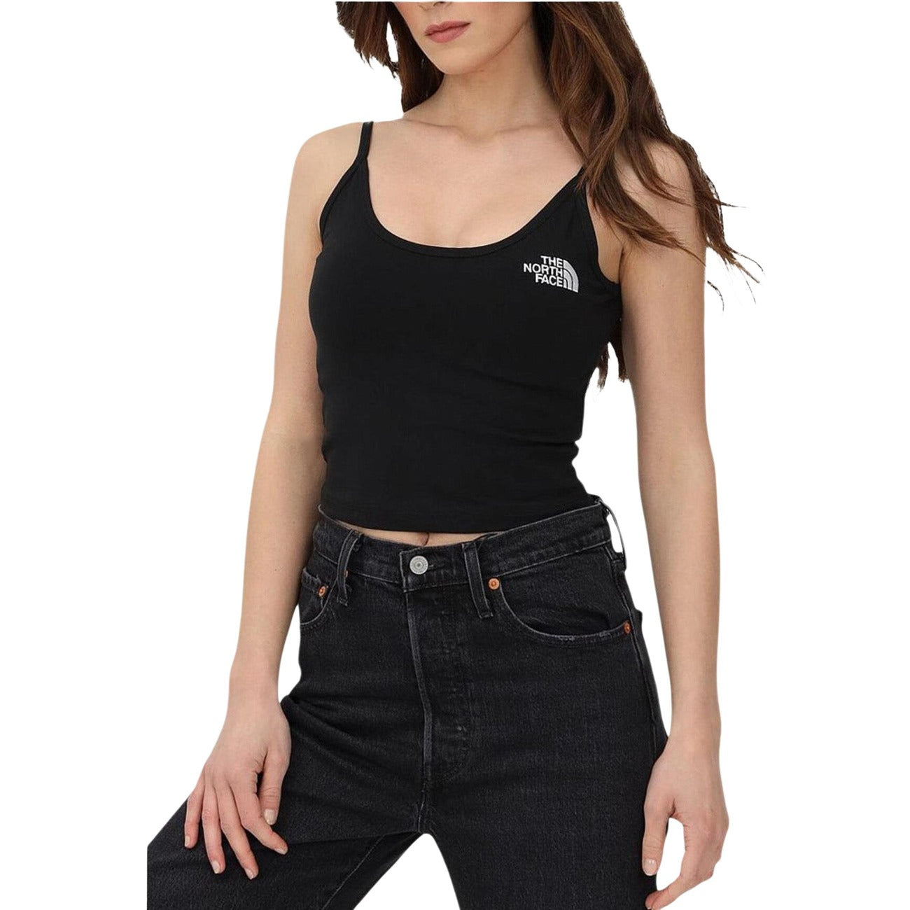 Canotta The North Face donna nera smanicata scollo tondo 57% cotone 38% poliestere 5% elastan - vista frontale indossata da modello figura mezzo busto