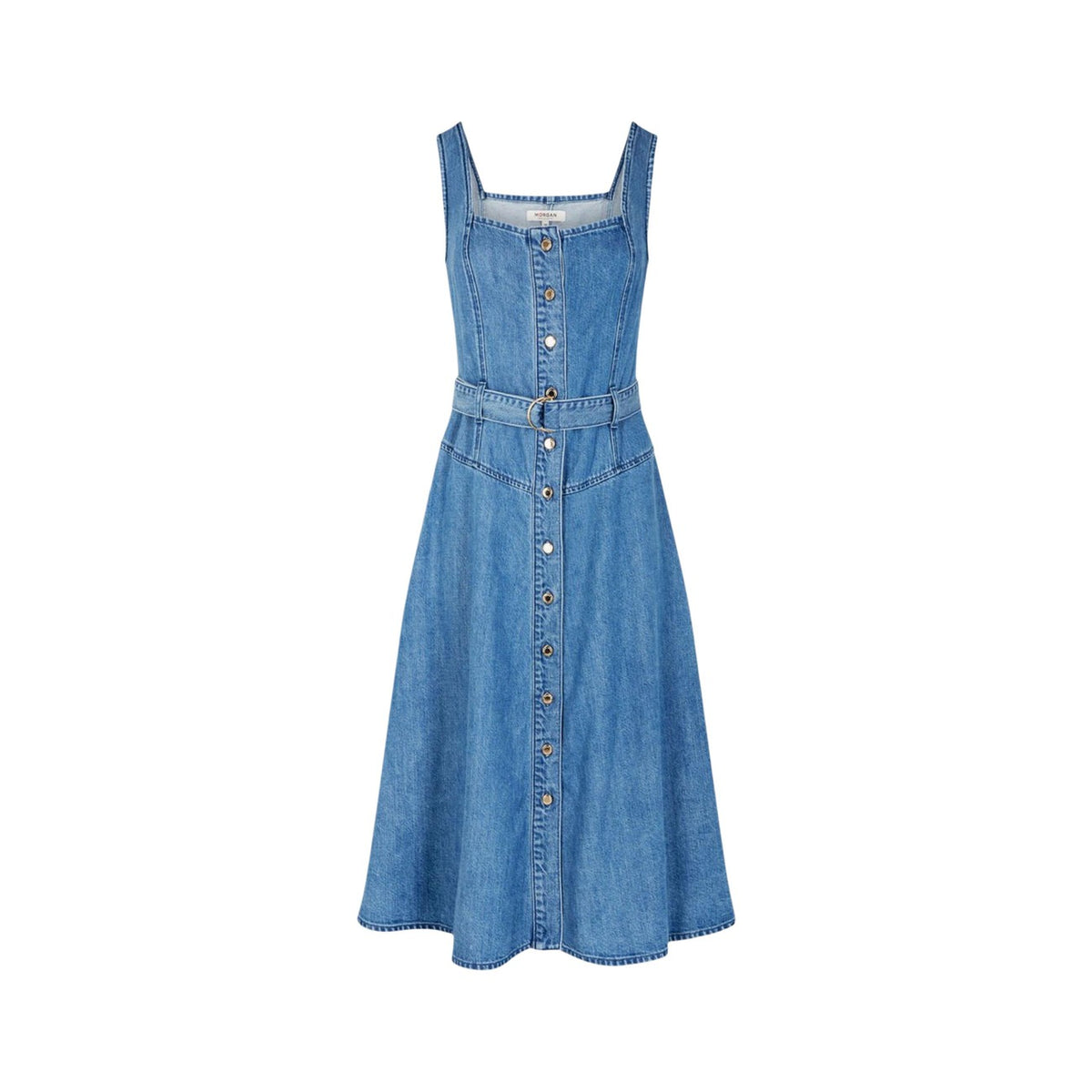 Vestito Lungo Morgan De Toi Rablai; Blu, 70% Lyocell e 30% Cotone. Chiusura con bottoni, cintura con fibbia, linea svasata. Leggero, traspirante e chic. Stile Primavera/Estate. Vista stesa