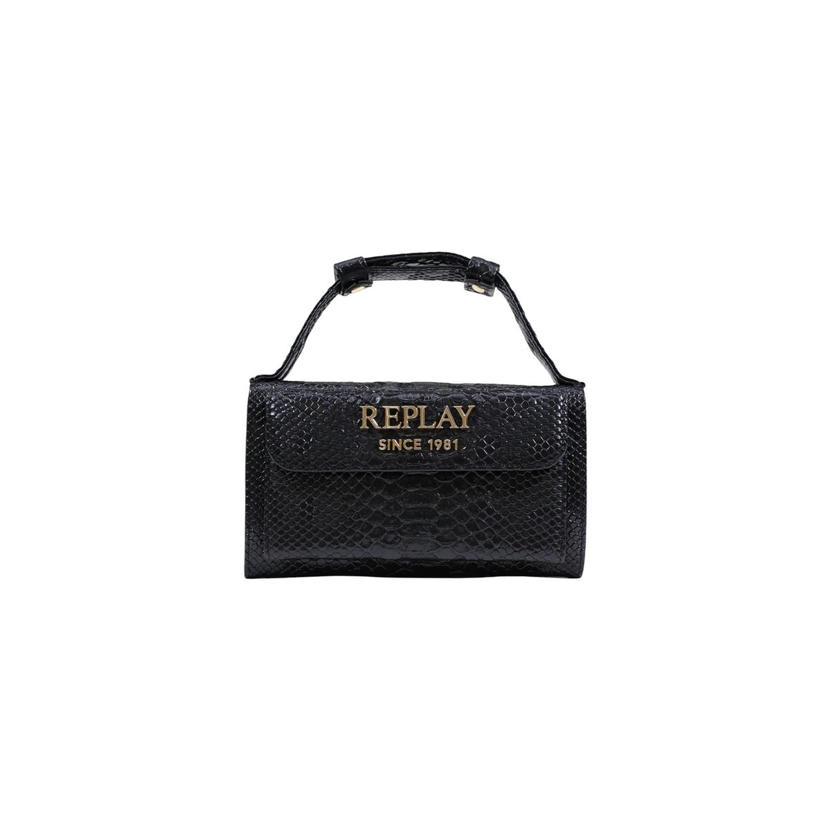 Replay Small Bag FW5387; effetto pitone, logo in metallo, manico rigido e tracolla. La borsa sofisticata e grintosa per uno stile contemporaneo. Colore nero vista frontale