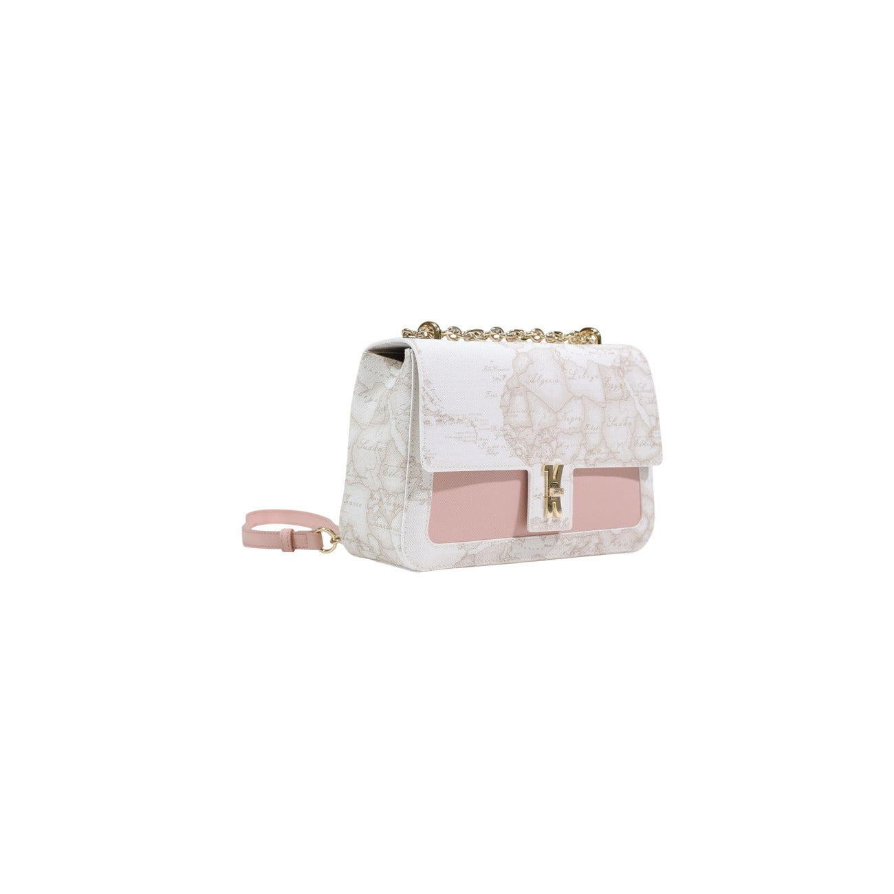 Borsa a tracolla Alviero Martini LF02, stampa Geo Classic e catena dorata; borsa media da donna con chiusura a scatto e interni organizzati, collezione Prima Classe. Vista frontale laterale
