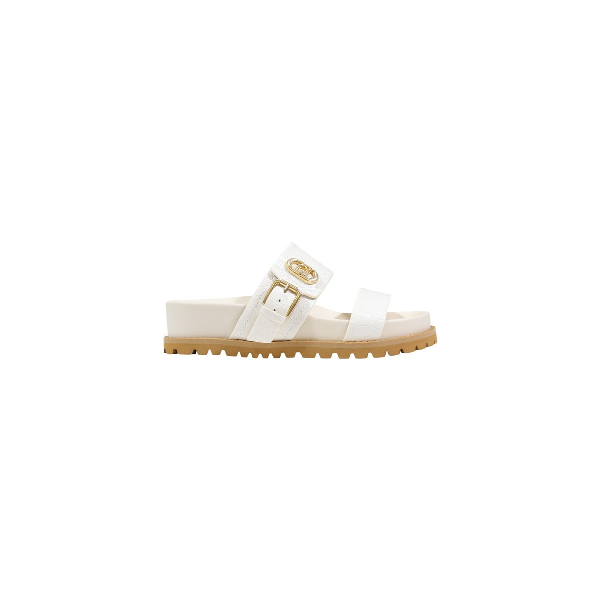 Liu-Jo Livia 02 SA6109EX068, sandali bianchi donna con doppia fascia e fibbia logata; suola platform dentellata, dettagli dorati e calzata ergonomica, ideali per outfit estivi urban-chic.