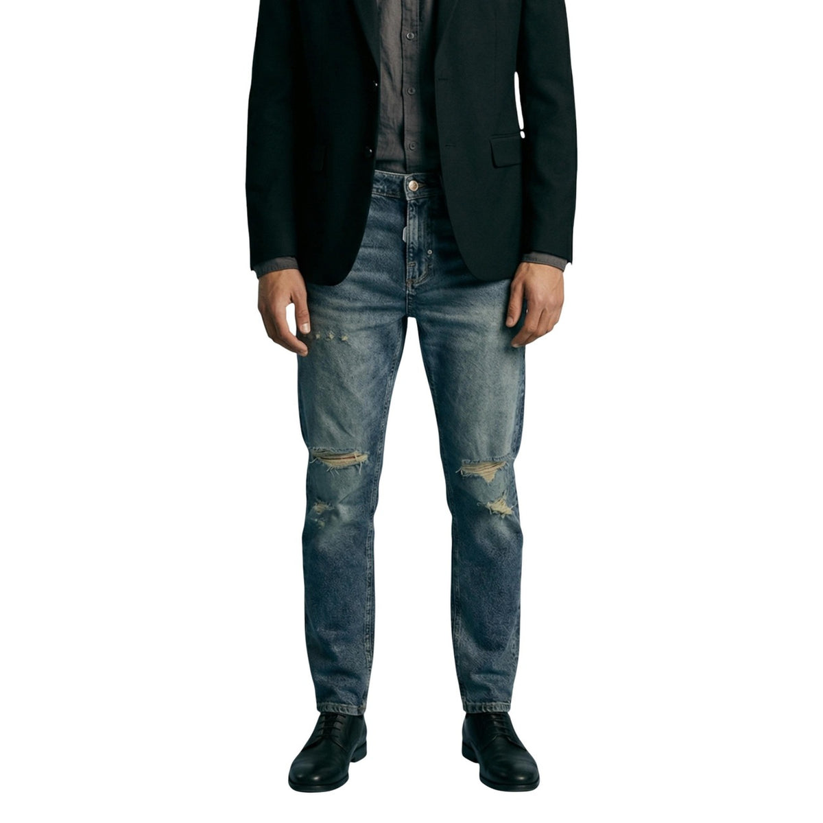 Jeans Antony Morato uomo blu con bottoni tasche 98% cotone 2% elastan - vista frontale indossata da modello figura intera
