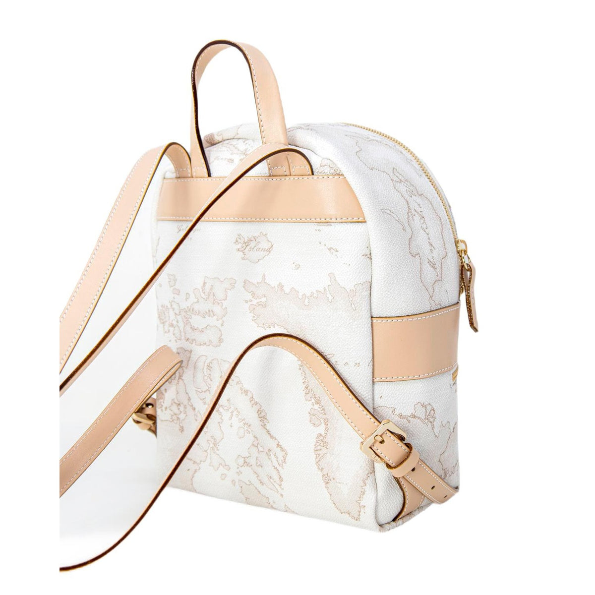 Zaino Piccolo Donna Alviero Martini Prima Classe; Bianco Geo White. Tessuto tecnico stampato con dettagli in ecopelle e metalleria oro lucido. Chiusura con zip, tasca frontale e spallacci regolabili. Misure compatte (23x26 cm), stile Heritage contemporaneo. Vista posteriore