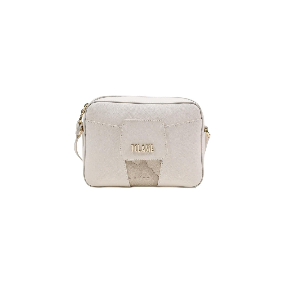 Reporter Bag Bianca Alviero Martini Prima Classe, stampa Geo e logo dorato, tracolla regolabile e scomparto con zip; borsa piccola rettangolare in misto PVC e cotone, ideale per il tempo libero. Vista frontale