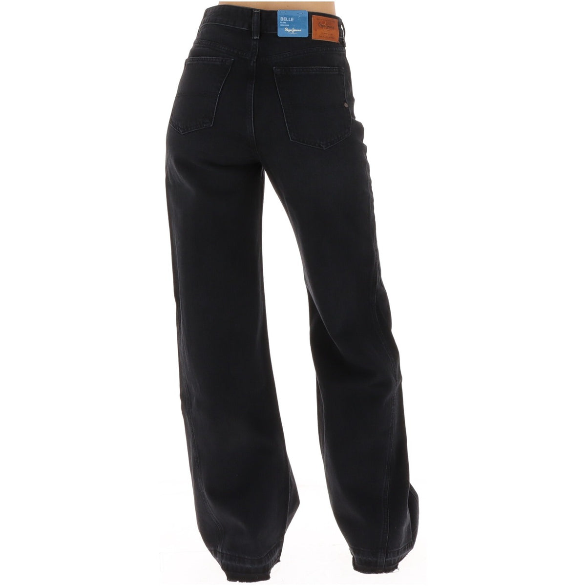 Jeans svasati neri donna Pepe Jeans PL20511262. Pantaloni denim flare fit a vita alta stile anni 90 in cotone rigido nero consumato con tasca portamonete diagonale e patch logo.