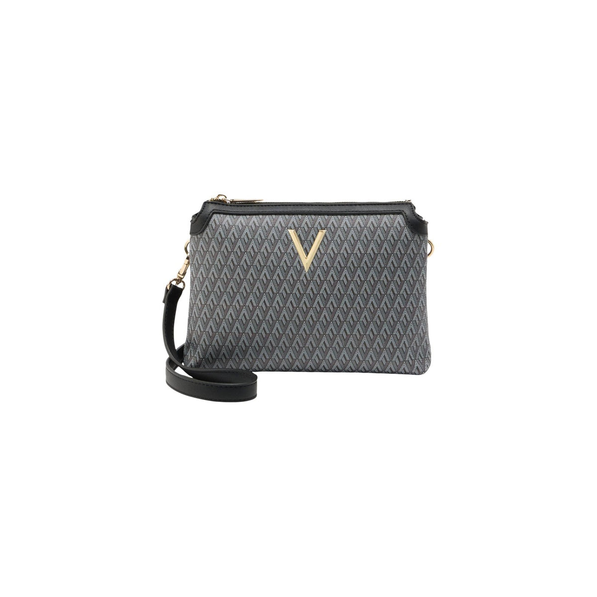 Valentino Bags Queen Re VBS9OX42, borsa nera a tracolla con motivo geometrico e logo a V; interni organizzati, chiusura sicura con zip e design moderno in 100% poliuretano. Vista frontale