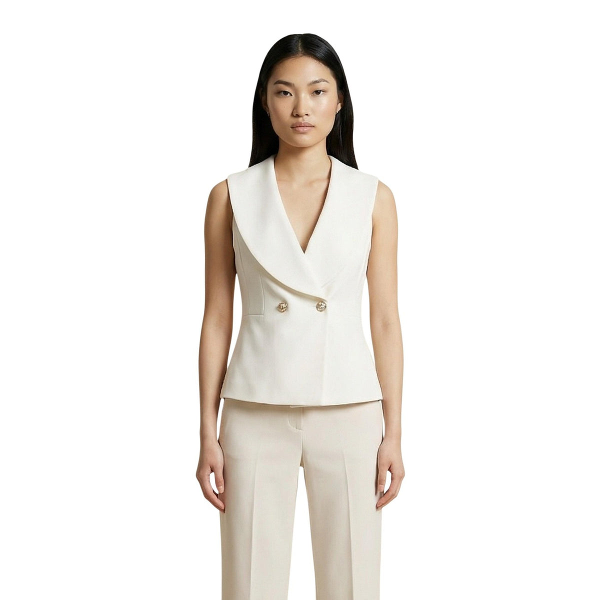 Artigli Gilet Collo Sciallato; maglieria stretch con bottoni oro decorativi. Stile casual-chic, ideale per ufficio e cerimonie. Vista frontale