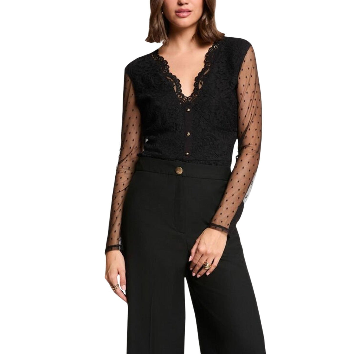 Body Morgan De Toi donna nero con bottoni maniche lunghe scollo a V - vista frontale indossata da modello figura intera