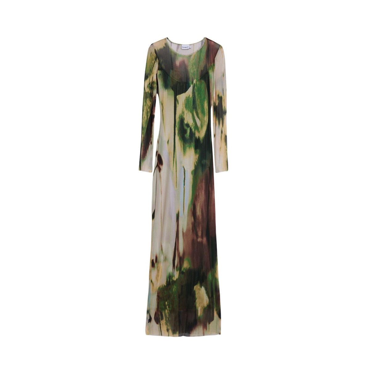 Abito lungo Desigual Arty; tulle con stampa verde, fodera bandeau, maniche lunghe, fit slim. Eleganza sostenibile Made in Barcelona. Vista frontale stesa