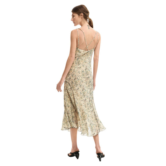 Abito Midi SS26; scollo quadrato, spalline regolabili, tessuto fluido sostenibile, dettagli profilati. L'eleganza essenziale per ogni occasione. Vista posteriore