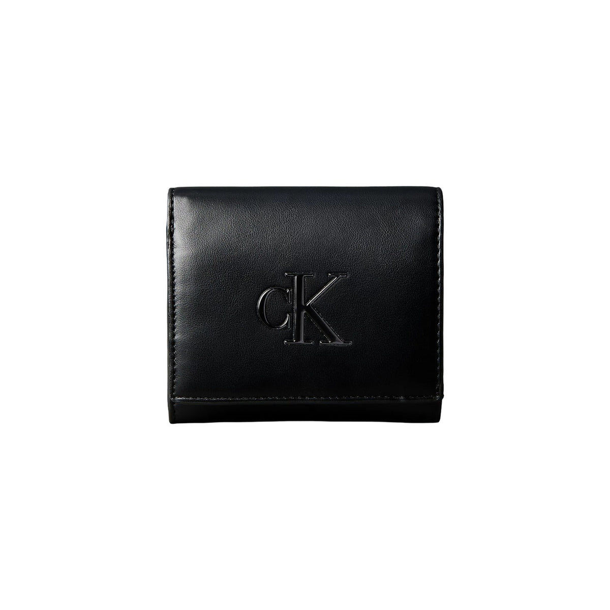 Portafoglio Medio Calvin Klein Bifold; Nero. 100% Ecopelle liscia, 5 slot carte, taschino monete con zip e protezione RFID. Chiusura sicura, stile minimalista e compatto (11,5 cm). Vista frontale