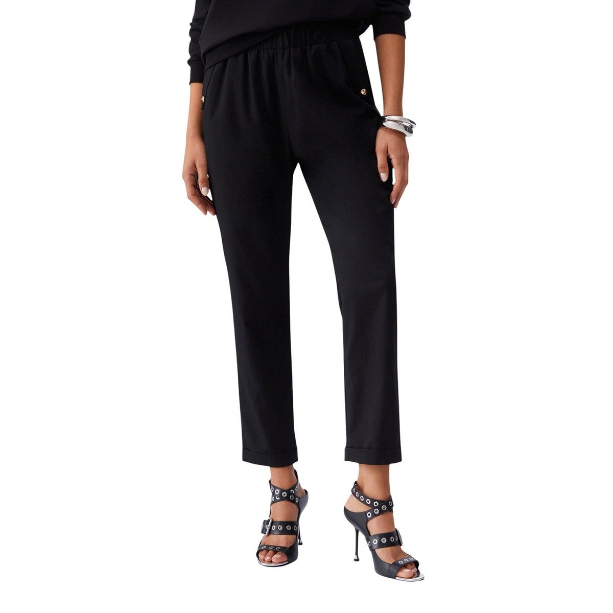 Liu Jo Pantalone Regular blu scuro TA6255; pantalone lungo fluido con vita elastica e risvolto. Dettagli dorati, tessuto tecnico stretch e silhouette dritta intramontabile. Vista frontale