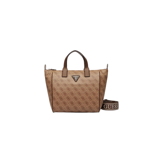 Borsa Tote Donna Beige Guess Follie; Struttura 100% poliuretano con motivo logo all-over e chiusura a zip. Doppi manici a mano e tracolla sportiva regolabile con scritta Guess, stile casual-elegante 4 stagioni. Vista frontale