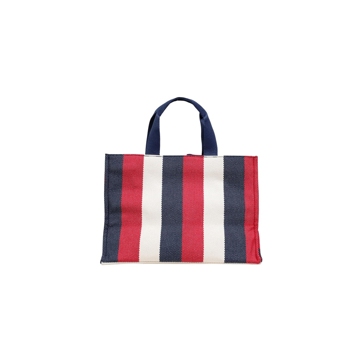 Liu Jo L Tote Striped Canvas; borsa grande in cotone a righe blu, bianco e rosso, logo distintivo e manici resistenti. Leggera, funzionale e glamour. Vista posteriore