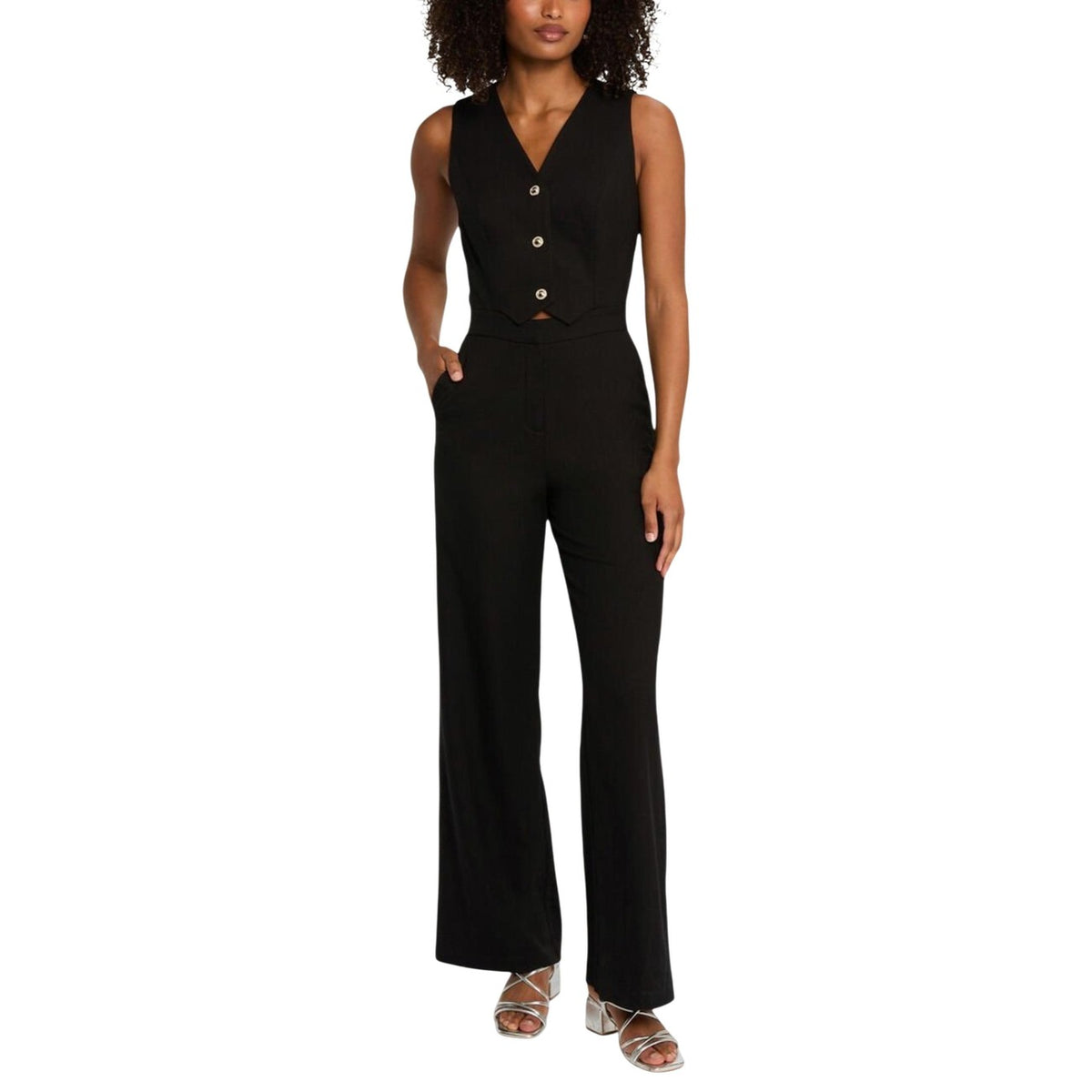 Tuta Morgan De Toi elegante donna nera smanicato con bottoni scollo a V bavero tasche anteriori 66% poliestere 32% viscosa 2% elastan - vista frontale indossata da modello