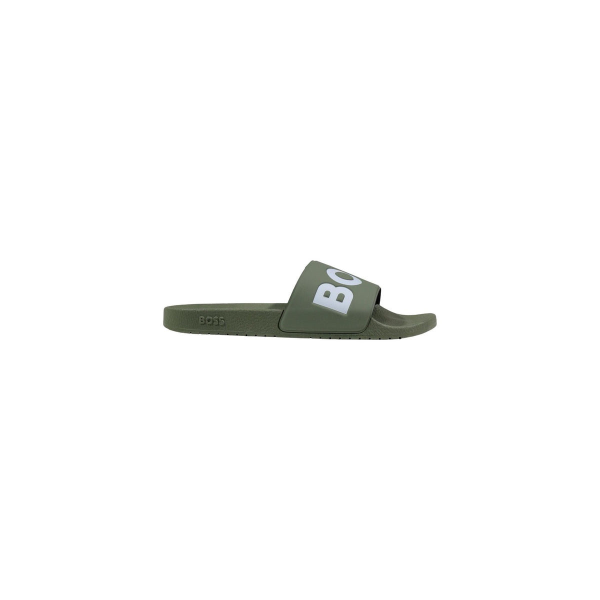 Boss Ciabatte Uomo 50536835; colore verde, 100% PVC, Made in Italy. Slide iconiche resistenti all'acqua con logo a contrasto.