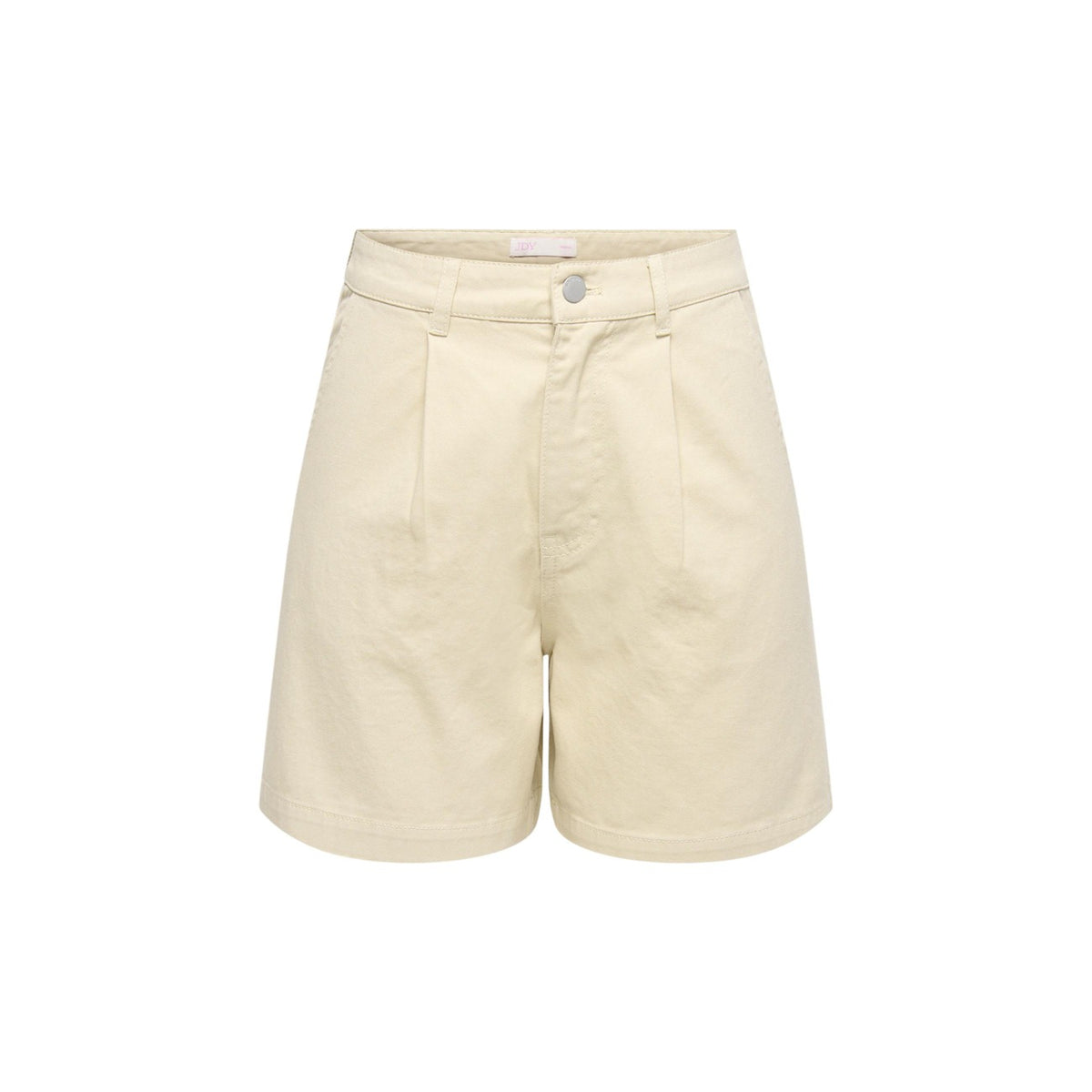 Shorts JDY Jdyemma HW; 100% Cotone (20% Riciclato). Vita alta, pinces frontali, gamba larga. Pantaloncini donna eleganti, freschi e sostenibili. Colore beige. Vista frontale Stesa