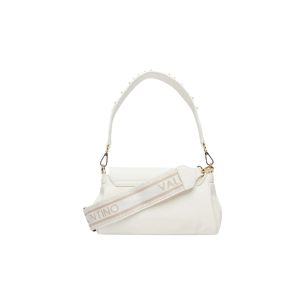 Borsa Piccola Bianca Donna Valentino Bags Dea; Misure 10x16x8 cm. Tessuto 100% poliuretano con chiusura a patta e cerniera interna. Doppia tracolla rimovibile con borchie e logo in metallo dorato lucido, stile elegante 4 stagioni. Posteriore