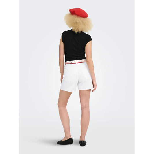 Bermuda Jeans Donna Only; Pantaloncino lungo a vita alta in puro cotone denim con orlo risvoltato e passanti per cintura. Modello cinque tasche, stile casual e sportivo per la primavera e l'estate. Bianco / white denim vista Posteriore intera