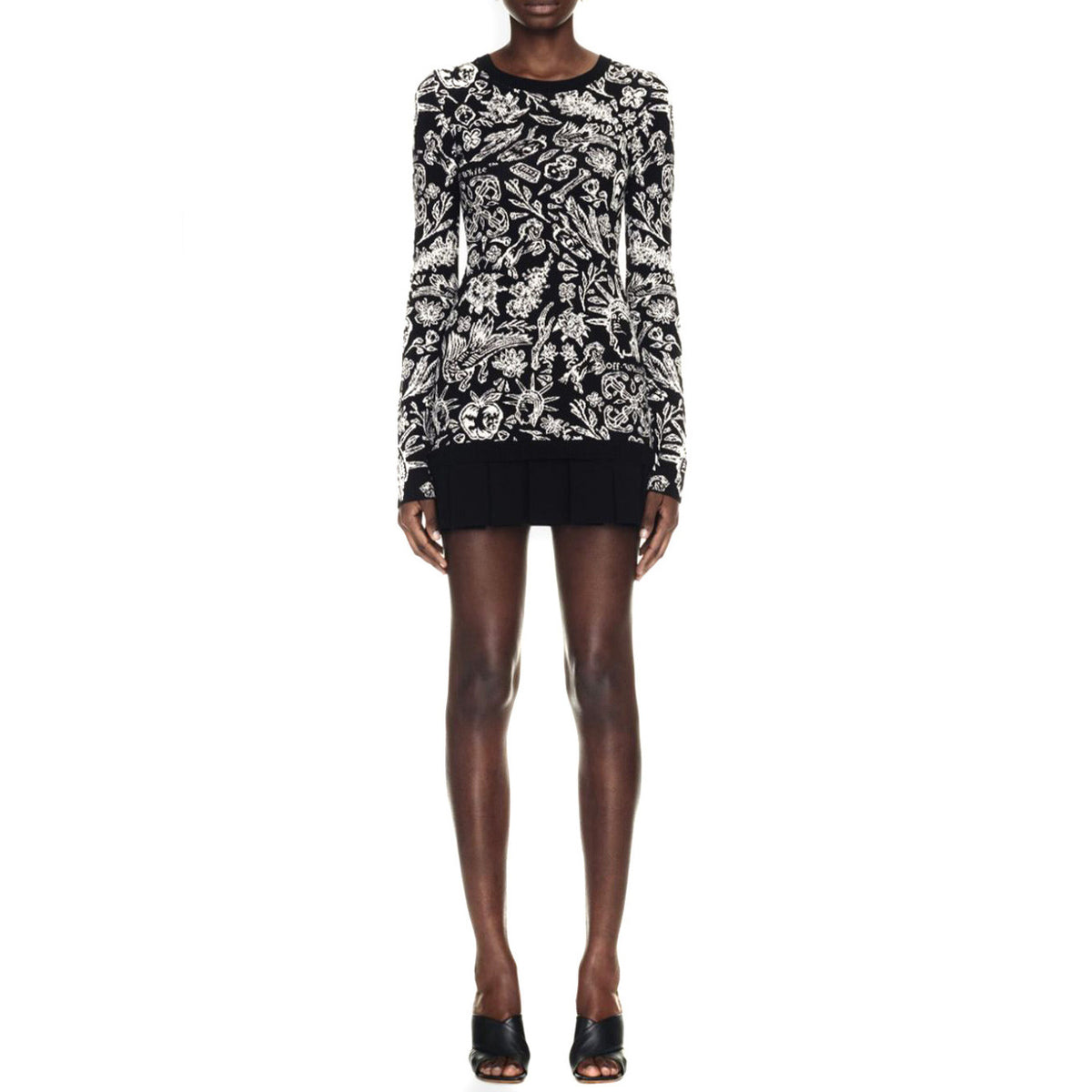 Off-White Abito Corto Donna Nero Stampa con Maniche Lunghe Scollo Tondo in Viscosa 68% Poliestere 32% EBO_2127