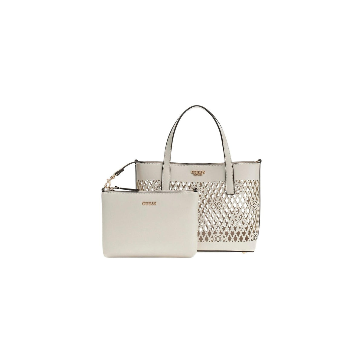 Guess Letty HWPG99 11750, mini tote traforata con pochette bianca interna estraibile; doppia portabilità a mano o al braccio, logo iconico e design contemporaneo in 100% poliuretano. Vista frontale con pochette